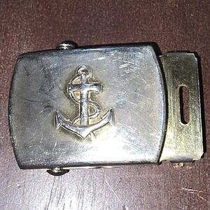 Vintage Solid Brass Anchor Web Belt Buckle Silver Tone Made in USA Nautical